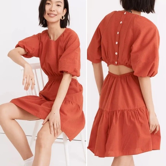 Madewell Dresses & Skirts - NWT Madewell Seersucker Puff-Sleeve Cutout Mini Dress Fresh Chili Size XL